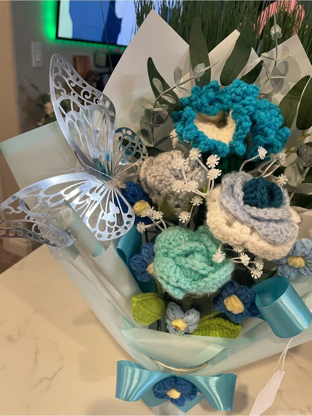Handmade Crochet Blue & Teal Flower Bouquet - Home Accents